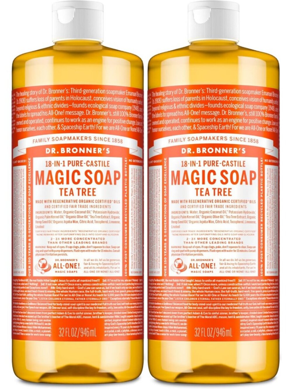 Tea Tree Pure-Castile Liquid Soap 32 oz - Natural Body Wash, 2-Pack